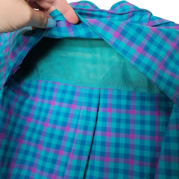 Duluth Trading Womens Large Blue Purple Plaid Button-Up Shirt Fishing Zip Pocket - Picture 5 of 13